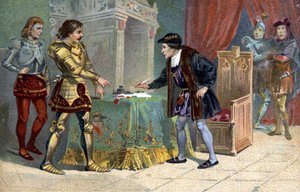 Interview of Louis XI (1423-1483), King of France and Charles the Bold, Duke of Burgundy, in Peronne in October 1468. Liebig chromolithography of the 19th century