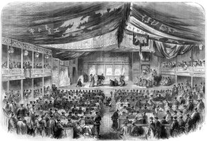 Japanese Theatre: dramatic presentation in Osaka. Engraving in “The Illustrious Universe”