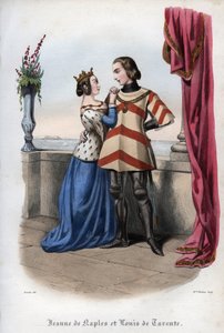 Joan I, Queen of Naples and Louis, Prince of Taranto. Engraving from 1842 in Histoire des popes by Maurice Lachatre. Private collection.