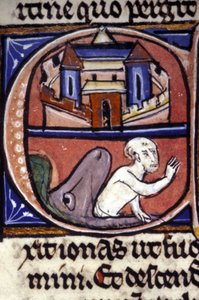 Jonah, after three days and three nights spent in the belly of a huge fish, is vomited by the animal. 14th century manuscript. Biblioteca nazionale braidense, Milan. by Unknown artist