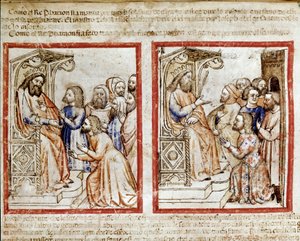 Joseph and his brothers address the Pharaoh, the brothers leave after selling Joseph as a slave. Miniature from codex 212 (or Bible of Padua)