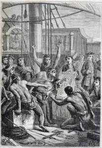 Journey of Samuel Wallis to Polynesia: indigenous astonished by a mirror - illustration taken from “The Great Mariners of the 18th century”