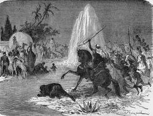 Joy of the Arabs at the sight of the flow of water from the Artesian well of Sidi-Rached, forged by the French, in the Sahara desert by Unknown artist