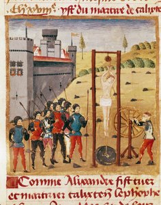 King Alexander the Great attends the execution of the noble Calixten Cephobe by hanging. Miniature from 