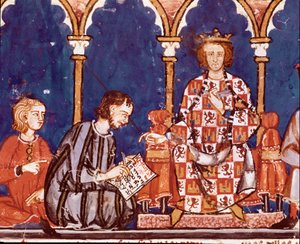King Alfonso X the Wise assists a scribe. (detail) of a miniature from the Book of Games by Alfonso X the Wise (1221-1284) 
