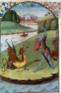 Knights of the Round Table: Lancelot fights against the dragon by Unknown artist