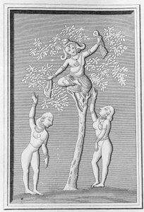 Krishna Flying with Two Gopis. Engraving in 