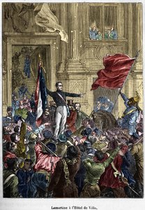 Lamartine (1790 - 1869), refusing the red flag for the tricolor flag, at the Town Hall. Paris, 26 February 1848. Bianchetti collection