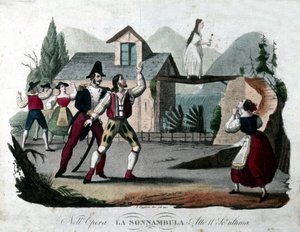 Last scene of Act II of “La Sonnambula” by Vincenzo Bellini. Engraving from 1835