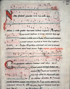 Leaflet of a pilgrim guide with lyrics of the pilgrimage of Santiago de Compostela. Fol. 214 r. From a 13th century manuscript. Archive of the Cathedral of Santiago de Compostela, Spain by Unknown artist