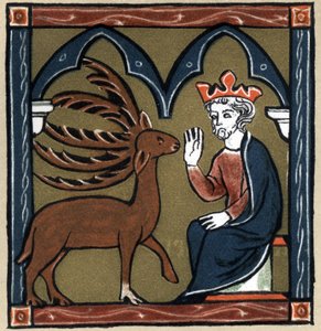 Arthurian Legend: Merlin metamorphoses into a five-wood deer and visits Julius Caesar. In Geschichte der Franzosischen Literatur by Hermann Suchier by Unknown artist