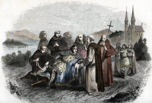Legende des enerves de Jumieges: the two sons of Merovingian king Clovis II, punished for revolting against their father, are collected by the monks of the Abbey of Jumieges, near Rouen, 660 approximately by Unknown artist