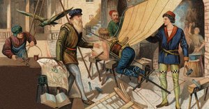Leonardo da Vinci experimenting with his flying machine. Chromolithography of the 19th century