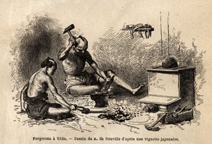 Blacksmiths in front of their forge in Yedo (or Edo, imperial capital, present-day Tokyo). Engraving to illustrate the voyage to Japan, in 1863-1864, by Aime Humbert, minister of the Swiss Confederation, in Le tour du monde, nouveau journal des voyages by Unknown artist