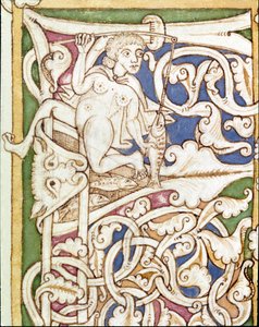 Lettrine P decorated with the representation of a woman fishing a fish by Unknown artist