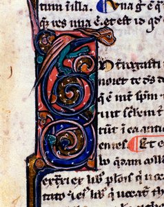 Lettrine decorated with a Gothic monster reminding the gargoyles. Detail of 14th century manuscript by Unknown artist