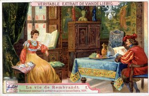 Liebig chromolithography on the life of Rembrandt (1606-1669), Dutch painter. Here drawing the portrait of his young wife Saskia in 1654 by Unknown artist