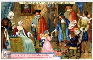 Liebig chromolithography on the life of Rembrandt (1606-1669) Dutch painter, portraying mayor Jean Six in 1654