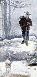 Lonely Hunter with Dog in a Snowy Landscape by Unknown artist