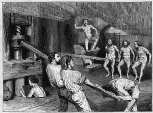 Macaroni Factory in Naples: Use of a Screw Mill to Prepare the Paste which is then Kneaded with the Feet. Engraving in “The Illustrious Universe” by Unknown artist