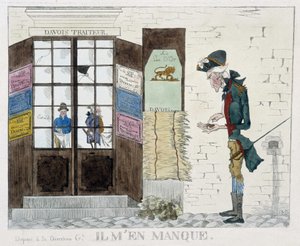 Man without penny in front of the catering shop - engraving by Unknown artist