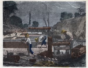 Manufacture of a brick in the 19th century: the mould worker fills his mold with clay paste, then the apprentice places the brick on the floor to dry it. Engraving late 19th century by Unknown artist