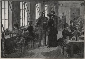 Manufacture of metal feathers: sharpening workshop in France in the 19th century. Engraving from 1885 in 