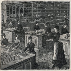 Manufacture of metal feathers: sorting and wrapping feathers in a factory in France in the 19th century. Engraving from 1885 in 