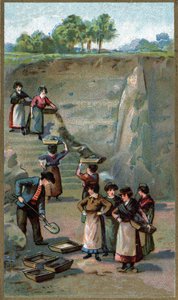 Manufacture of porcelain, Kaolin quarry. Chromolithography of the end of the 19th century by Unknown artist
