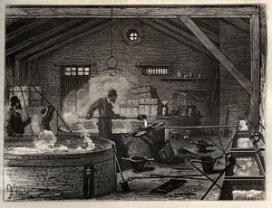 Manufacture of soap - Manufacture of tallow soap in a factory near Paris, Operations of soap cooking and casting into molds. engraving in 