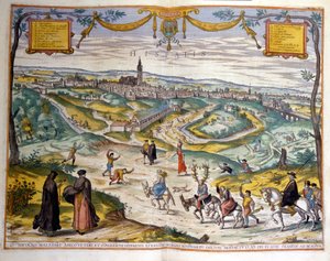 Map of the city of Seville in 1590. At the bottom right of the picture, the people of the village make fun of a cuckold on his donkey by Unknown artist