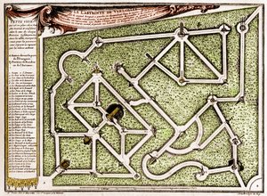 Map of the maze in the park of the castle of Versailles, created by Andre Le Notre (1613-1700). Engraving in La Nature. Revue des sciences et de ses applications aux arts et a l