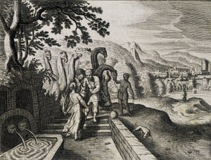 Marriage of Isaac and Rebecca. Engraving from a 17th century Bible by Unknown artist
