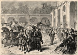 Marriage of the infante Marie-Isabelle of Spain (Isabel de Borbon y Borbon) (1851-1931) and Gaetan de Bourbon-Sicilies (1846-1871), Count of Agrigento: arrival of the cortege at the Royal Basilica of Atocha