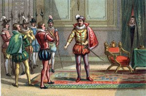 Massacre of Saint Barthelemy, the Duke of Conde and Henry of Navarre were brought to Charles IX, King of France (1550-1574), who offered them the choice between mass and death. Catherine de Medicis (Caterina de Medici) (1519-1589) observes the scene. Chrom