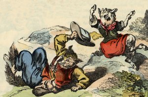Master fox plays with Little Goat. Illustration of the tale 