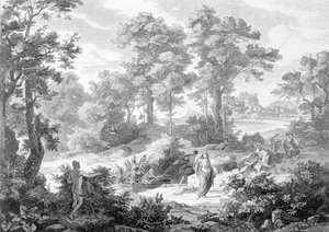 Meeting between Ulysses who was lying near a river and Nausicaa. Engraving from the end of the 19th century.