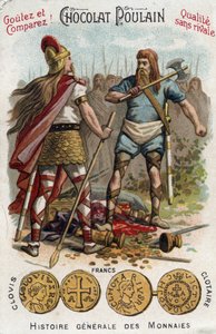 Merovingians: Clovis 1st shooting down the soldier who had broken the vessel of Soissons, in 486. In General History of Coins. Chocolate-foal chromolithography of the end of the 19th century. Private collection. by Unknown artist