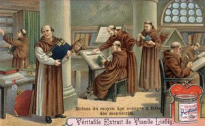 Middle Ages monk writing manuscripts. Chromolithography, Liebig image by Unknown artist