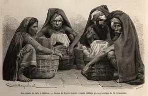 Milk merchants, in the streets of Madras (present-day Chennai, Tamil Nadu). Engraving to illustrate the voyage in the meridional provinces of India, by Alfred Grandidier, in 1862-1864, published in le tour du monde, under the direction of Edouard Charton