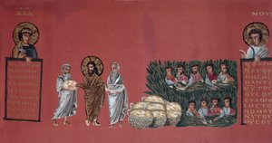 Miracle of the multiplication of the loaves - Scene from the Gospel of St. Matthew - Chromolithography of a Greek manuscript (ca. 600) from the National Library
