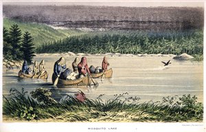 Mosquito Lake in Canada: Indians Canoe Across the Lake with Mosquito Nets on Their Heads - in Exploration of the Labrador Peninsula by Hind, London by Unknown artist