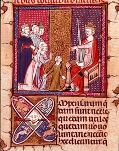 Mother and child appearing before a king, representative of Justice. Miniature from 