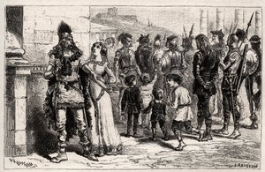 Moved to this sad spectacle, Theodechilde (daughter of Thierry I) application life and freedom of the captive - engraving in Les Femmes Illustres De La France by Oscar Havard - 1886
