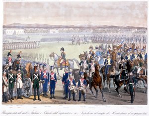 Napoleon Bonaparte Reviewing the Italian and Polish Militia in Montechiaro in 1805. Engraving from 1845