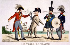 Napoleon I in a chained tiger held by a British officer with a whip. Russia and Austria playing music next door. Cartoon 1815 by Unknown artist