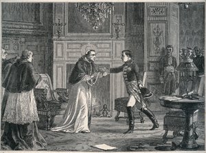 Napoleon visiting Pope Pius VII at Fontainebleau 1804 - Visit of Napoleon I to Pope Pius VII at Fontainebleau 1804 by Unknown artist