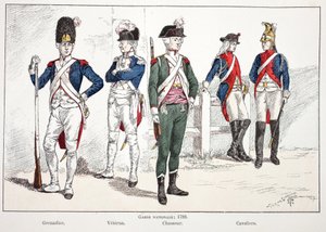 National Guard, in 1789, with left to right: the grenadier, the veteran, the hunter and the horsemen
