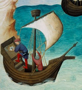 Navigators in the Indian Ocean Oriented with Stars and Astrolabe. Miniature in The Book of Wonders of the World, Ms. 2810, folio 188v, Illuminated by the Master of Egerton, Written by John (Jehan) de Mandeville (1300? 1382). Around 1410-1412. BN, Paris