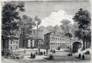 New building of the imperial porcelain factory in Sevres in 1868. Engraving in 